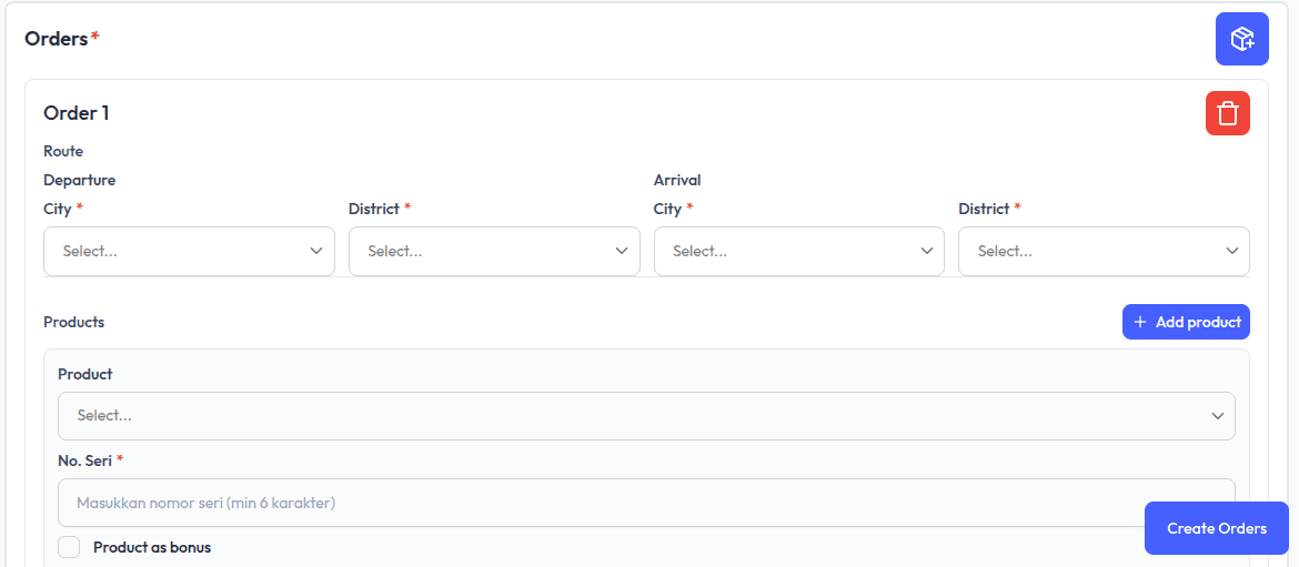 Delivery order creation and route assignment form
